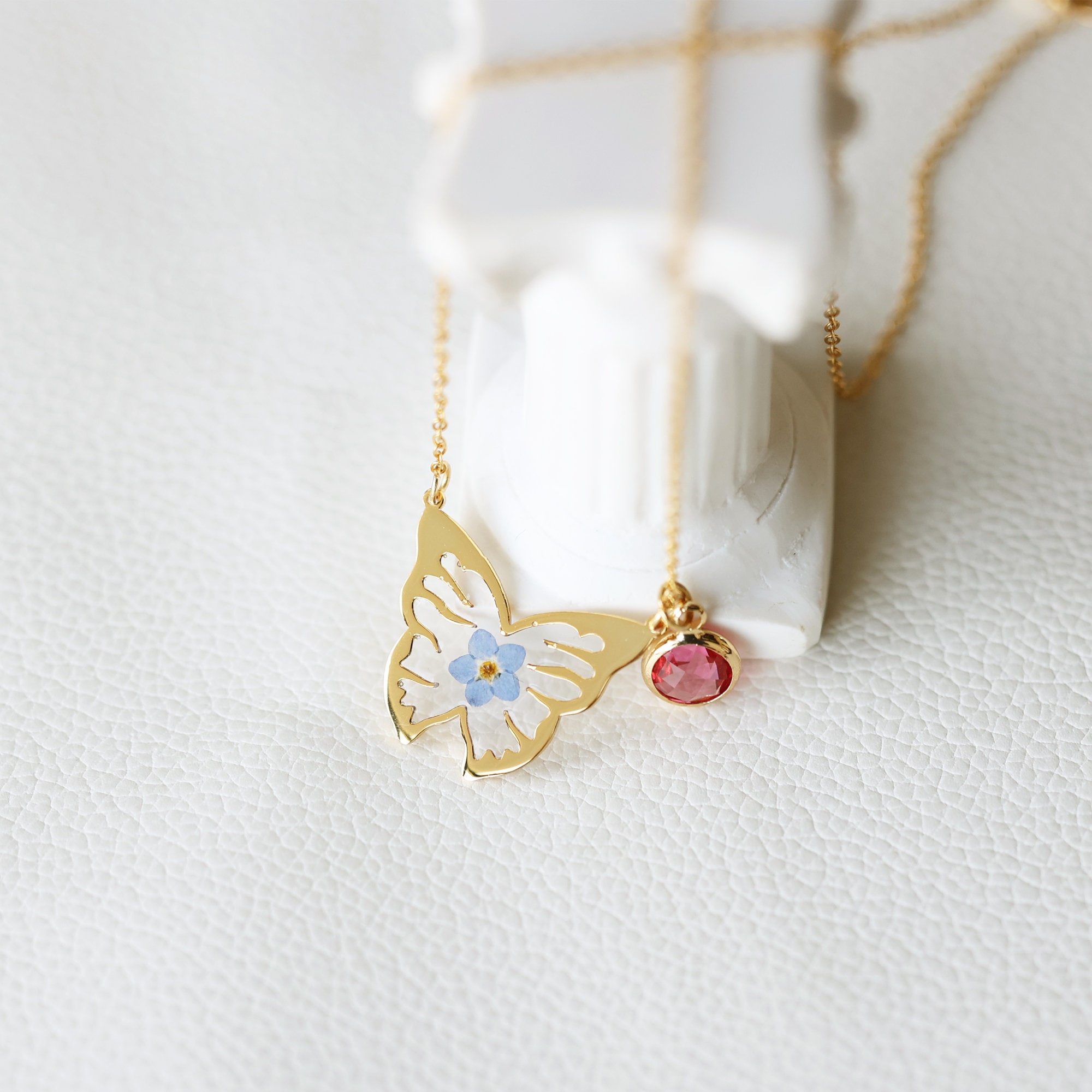 Sterling Silver Forget Me Not Flower Butterfly Necklace, Custom Birthstone Necklace, Handmade Real Pressed Flower, Birthday Gift for Her