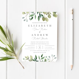 Faire-part de mariage de verdure, invitation florale verte imprimable, téléchargement d'accès instantané, modifier avec TEMPLETT, insertion de photo sur l'option arrière
