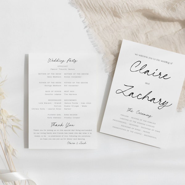 Calligraphy Wedding Program Ceremony Reception Card Handout, Script Minimalist Event Timeline Thank you Printable, Instant Access Download