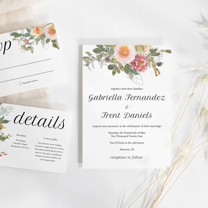 Pacchetto di inviti di nozze floreali caldi, set di inviti floreali ad acquerello Dettagli RSVP, download ad accesso immediato, modifica con TEMPLETT