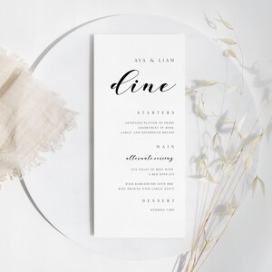 Modernes sauberes Hochzeitsmenü, Gastronomie-Abendessen-Mittagessen-anpassbare Ereignis-Karte, Einladung druckbare, sofortiger Zugriff-Download, bearbeiten mit Templett