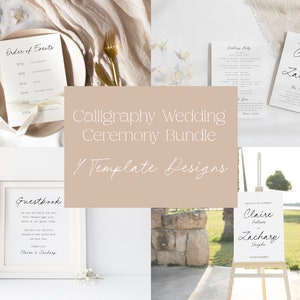Calligraphy Wedding 4 pgs Ceremony Event Bundle, Design Suite Set, Script Minimalist Custom Edit Printable, Instant Download
