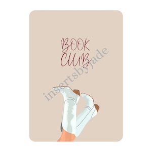 May include: A rectangular Kindle insert with a light beige background featuring the text KINDLE INSERT in pink at the top. The centre displays the words BOOK CLUB in dark red script, with white boots and the text insertsbyjade overlaid.