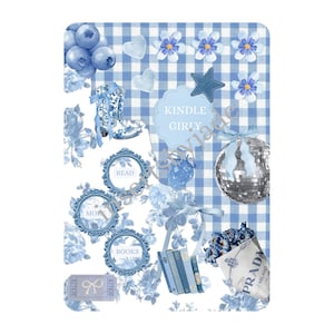 May include: A blue and white themed collage with blueberries, a cowboy boot, floral elements, and the text "KINDLE INSERT" and "KINDLE GIRLY". Includes a disco ball, books, and a Prada bag.