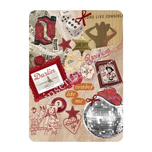 Könnte beinhalten: Eine Collage mit Western-Thema, mit roten Cowboy-Stiefeln, einem Sheriff-Abzeichen, Würfeln und einer Discokugel. Der Text "KINDLE INSERT" steht oben. Weitere Elemente sind ein rot gerahmtes Bild mit dem Wort "Darlin" und dem Text "Giddy Up".