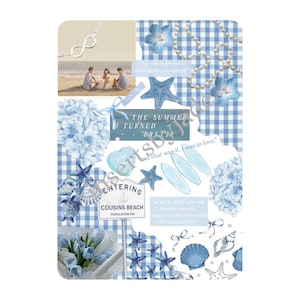Könnte beinhalten: Eine Collage mit Strandthema, mit blauen und weißen Elementen. Enthält Bilder von Seesternen, Muscheln, Blumen und einer Familie am Strand. Text enthält "KINDLE INSERT", "THE SUMMER I TURNED PRETTY" und "COUSINS BEACH".