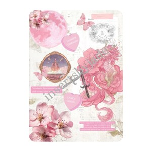 Könnte beinhalten: Ein rosa Kindle-Insert mit einer Collage aus floralen und Fantasy-Elementen. Enthält einen rosa Mond, Schmetterlinge, eine Schlossillustration und den Text "KINDLE INSERT", "LUTHER CORBOIS" und "LANCE ORION".