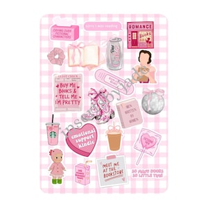 May include: A pink Kindle insert featuring illustrations and text, including a Starbucks cup, a heart-shaped graphic that says "emotional support kindle", and a book store. The text "KINDLE INSERT" is at the top.