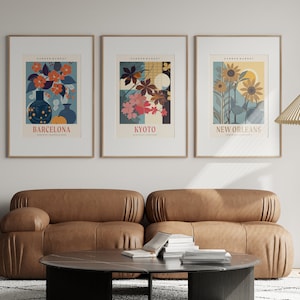 Set von 3 Blumenmarkt-Drucken, botanisches Druck-Set, 3-teilige Wandkunst, Blumenmarkt-Poster, Blumenplakat, Wohnkultur, Barcelona, Kyoto