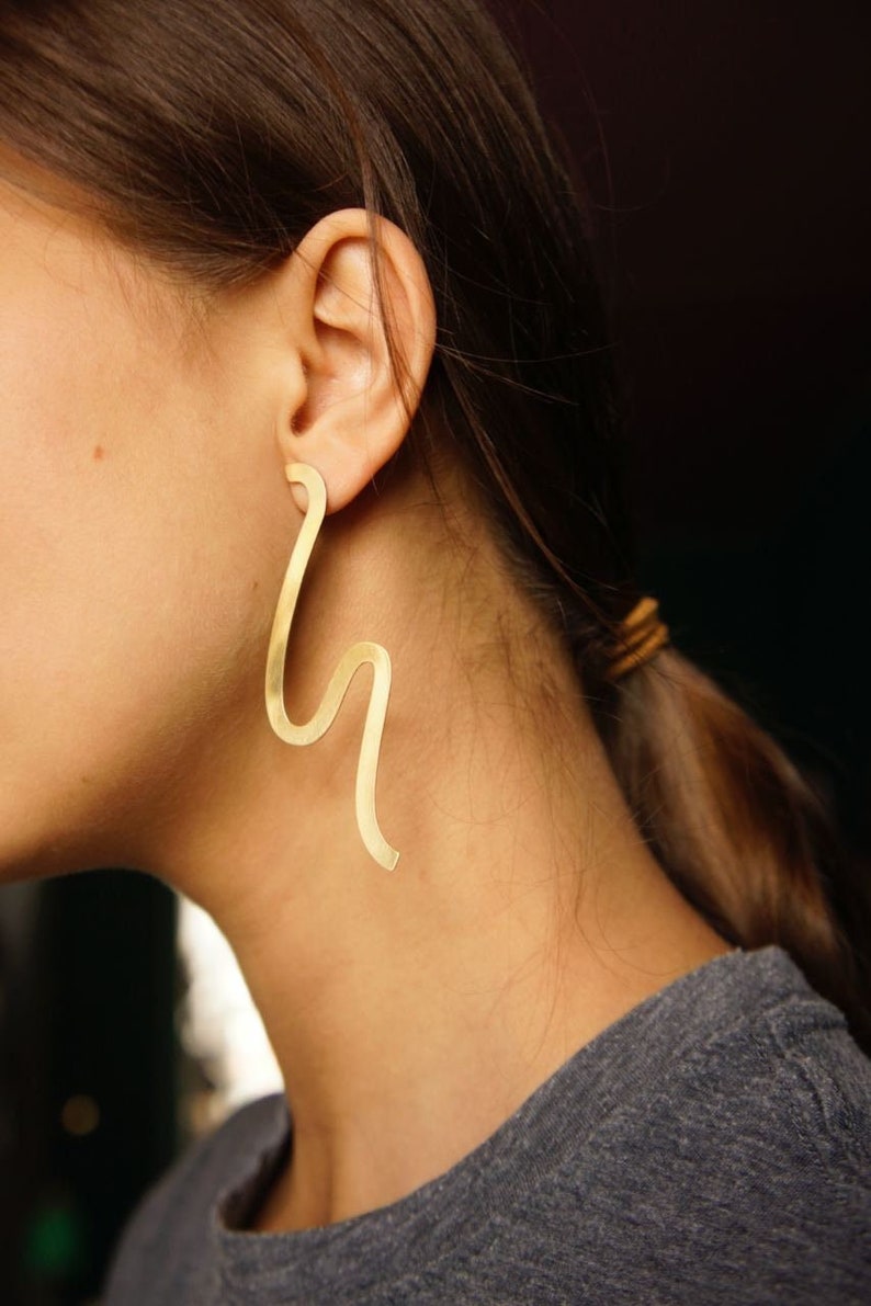 Line 3 Organic Shape Earring, Minimalist earring in brass, asymmetric earrings, women jewelry, Statement Stud, silver stud, Gift for her image 1