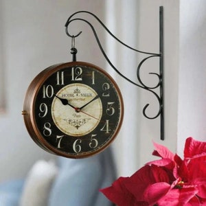 Antique Brown Metal Analog Railway Clock, wall hanging timekeeper, double sided clock for kitchen wall, two phase clock for office decors