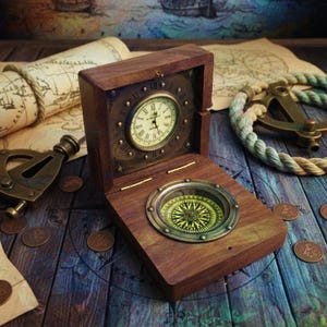 Personalized Compass Clock Gift Set in Engraved Wooden Box | Vintage Retirement, Graduation, wedding gift for boss office table