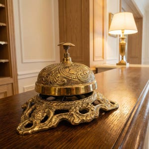 Sonnette de comptoir décorative en laiton, sonnette de service de magasin gravée, sonnette d'appel de restaurant ornée, sonnette de concierge de style vintage, accessoire de réception