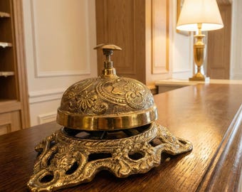 Decorative Brass Counter Bell, Engraved Shop Service Bell, Ornate Restaurant Call Bell, Vintage Style Concierge Bell, Front Desk Accessory