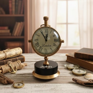 Custom Engraved Nautical Desk Clock | Personalized Brass Tabletop Gift | Vintage Retro Style Compass Design Office Decor table timepiece