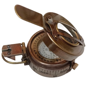 Antique brass 19th century old style prismatic ww2 analog navigation military pocket compass gift for boss with custom engrave leather cover