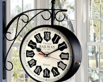 Antique Black double side station clock, Railway Black Metal Analog Station wall hanging timepiece for office and kitchen, two phase clock