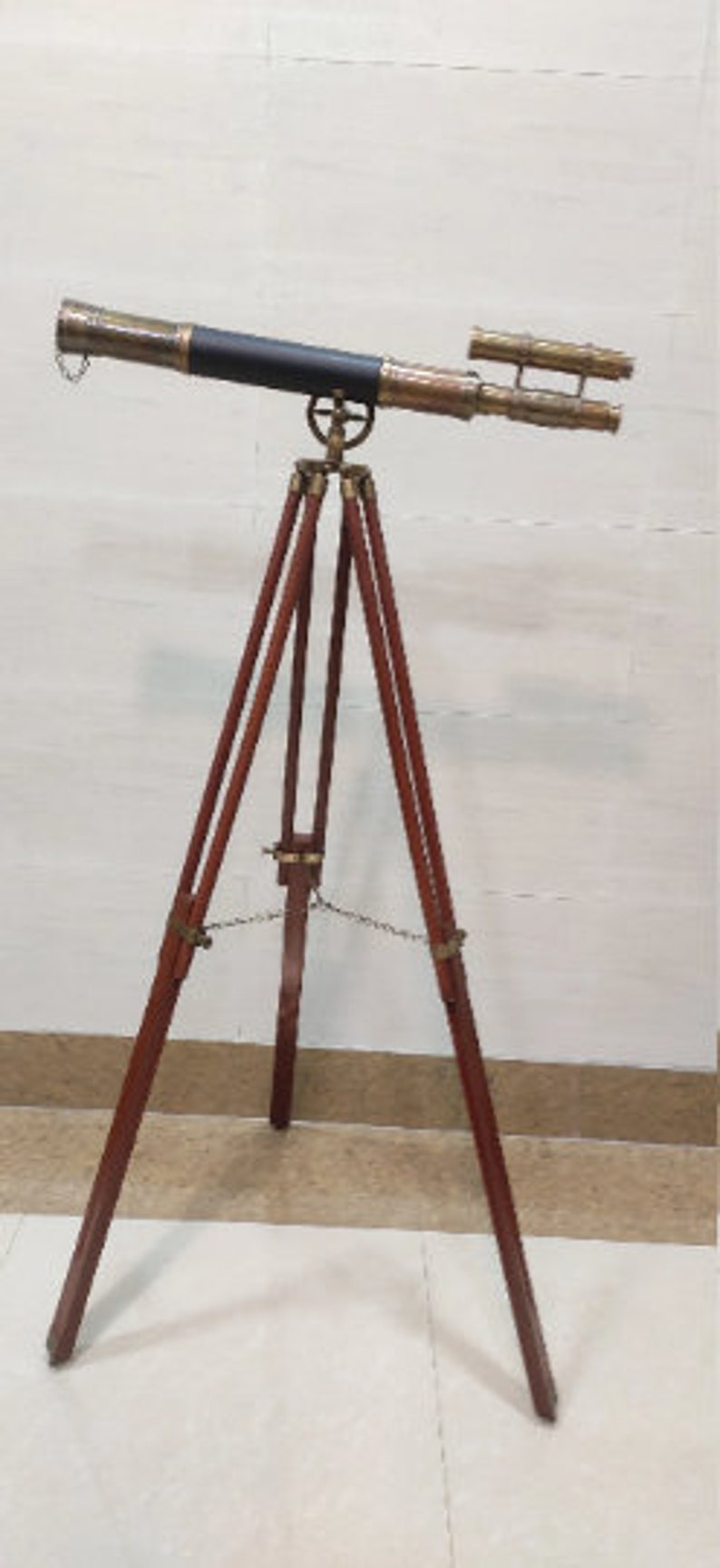 Maritime Brass Antique Double Barrel Telescope With Wooden Tripod Floor