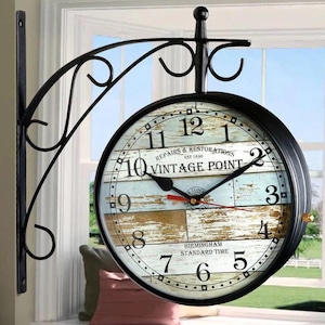 Railway clock Black Metal Analog Station Clock, Wall Clock , Hanging Clock, Double sided clock, 8 inch two phase clock, two sided clock