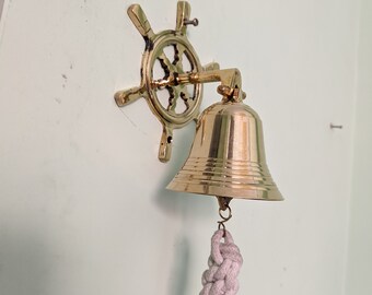 Personalized engraved 8" solid brass ship bell for kitchen wall,  Maritime bracket ship wheel style reception bell for school and hotels