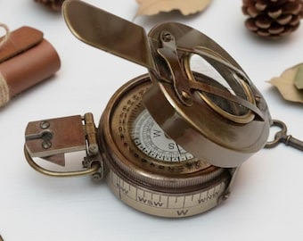 Antique Brass Military Pocket Compass: WWII Replica Military Compass with Custom Leather Cover, Vintage Compass Gift for officer husband