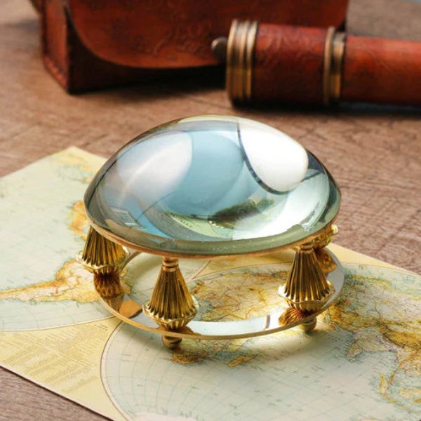 Antique Map paperweight desk magnifier, Brass Nautical 4" Magnifying Glass, collectible dome Magnify for newspaper reading office table item