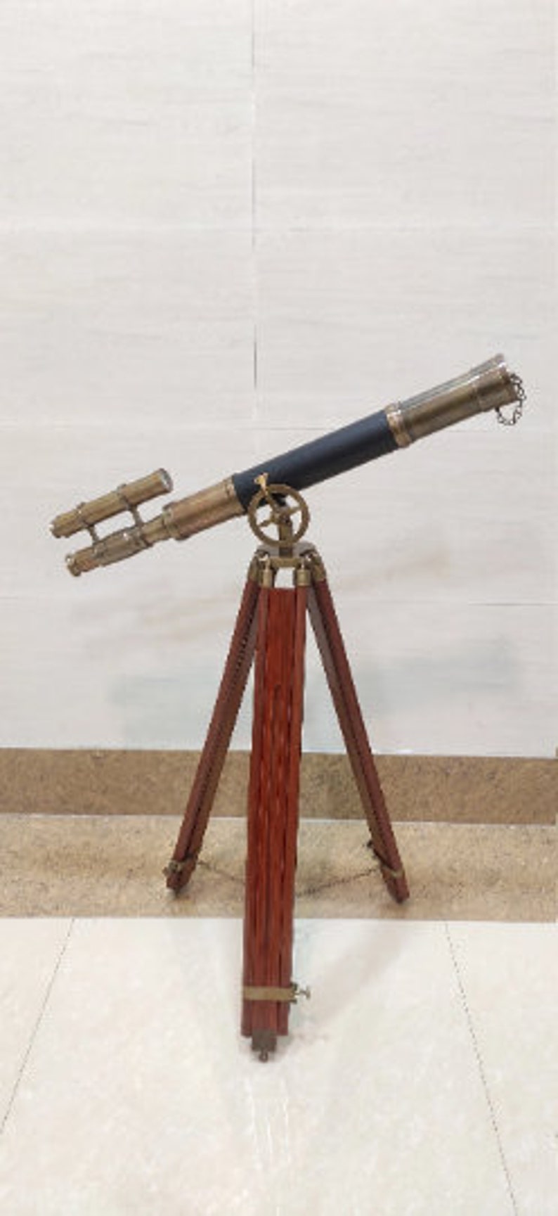 Maritime Brass Antique Double Barrel Telescope With Wooden Tripod Floor