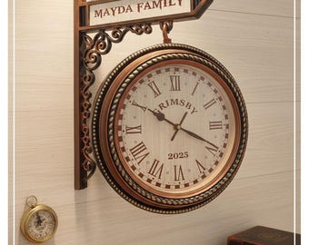 Personalized Double Sided Wall Clock | Vintage Train Station Style Hanging Clock | Custom Text Sign & Face | Antique Decor Housewarming Gift