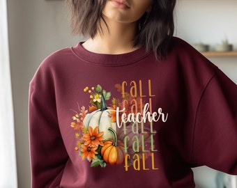 Women's Fall Teacher Sweatshirt, Pumpkin Design, Cozy Long Sleeve Sweater for Fall, Cute Teacher Outfit