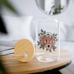 Floral Nurse Libbey Glass Can, 16oz Iced Coffee Cup for Nurses, Pretty RN Gift, Nurse Appreciation Tumbler, Cute Floral Nurse Cup