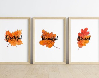 Autumn Leaves Printable Set: Grateful Thankful Blessed (Digital Download)