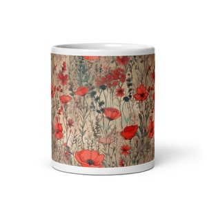 Red Flowers Poppies VIntage Style Ceramic Coffee Tea White glossy mug