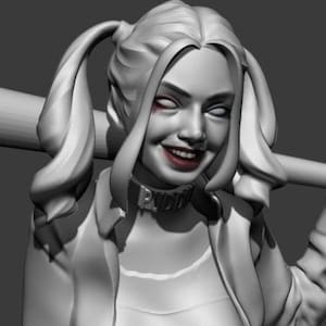 May include: A grayscale 3D render of a character with pigtails, red and blue eye makeup, and a red lipstick smile. The character wears a jacket, top, studded belt, and choker. A baseball bat rests on the shoulder.
