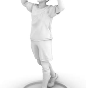 May include: A white figurine of a person in a football kit with arms raised in celebration. The figurine is standing on a white circular base.