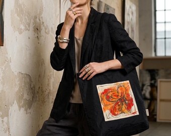 Hand Painted Tote Bag, Black Taffeta Tote, Artistic Shoulder Bag, Wearable Art Bag, Unique Handmade Gift for Women