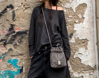 Handmade Plaid Drawstring Bag, Soft Grunge Crossbody Bag, Indie Shoulder Bag, Japanese Style Bucket Bag, Alternative Fashion Purse