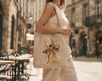 Hand Painted Sea Creature Tote Bag, Wearable Art Shoulder Bag, Original Surreal Canvas Tote, Handmade Linen Shopper, Coastal Gothic Gift
