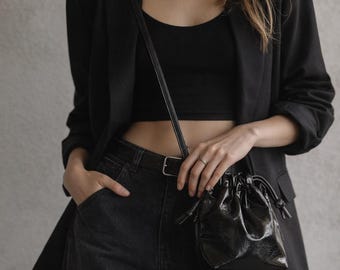 Black Patent Vegan Leather Drawstring Bucket Bag, Crossbody Purse for Women, Small Chic Handbag, Y2K Aesthetic Shoulder Bag, Minimalist Pouc