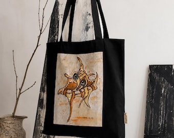Hand Painted Art Tote Bag, Wearable Art Canvas Tote, Original Surreal Painting, Black Cotton Bag, Unique Artist Gift, OOAK Bag