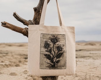 Hand Painted Linen Tote Bag, Wearable Art Bag, Eye Plant Tote, Handmade Linen Shoulder Bag, Gothic Minimalist Gift for Her