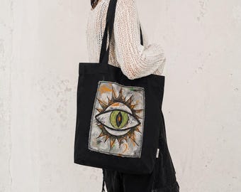 Hand Painted Eye Tote Bag, Gothic Cotton Shoulder Bag, Alternative Fashion Tote, Handmade Artist Bag, Unique Statement Gift