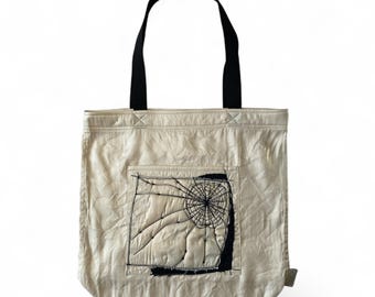Hand Embroidered Spider Web Tote Bag – Gothic Surrealist Purse. Part of the collection “Líneas y formas”