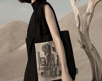 Hand Painted Zebra Tote Bag, Surreal Art Tote, Gothic Cotton Shoulder Bag, Wearable Art, Black Canvas Tote, Unique Artist Gift, Handmade Bag