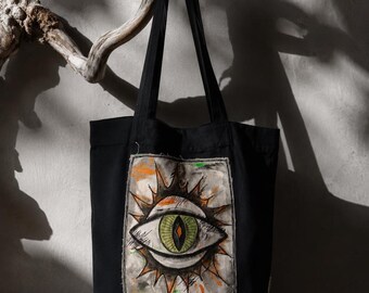 Wearable Art Tote Bag, Hand Painted Eye Bag, Handmade Cotton Tote, Alternative Fashion Bag, Gothic Canvas Tote, Unique Gift