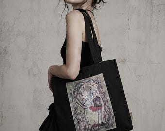 Hand Painted Black Tote Bag, Gothic Art Tote, Wearable Art Bag, Alternative Cotton Shopper, Dark Academia Gift, Handmade Bag