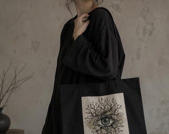 Hand Painted Eye Tote Bag, Gothic Linen Shoulder Bag, Wearable Art Tote, Black Cotton Bag, Surreal Tree Eye, Alternative Fashion