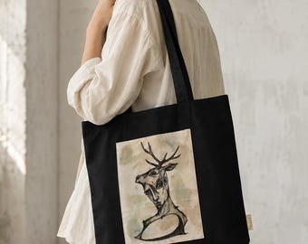 THE DEER SOUL Hand Painted Tote Bag, Surreal Deer Art Bag, Gothic Black Cotton Tote, Wearable Art Shoulder Bag, Handmade Artist Gift