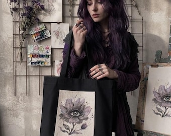 Hand Painted Tote Bag, Eye Flower Art Bag, Black Canvas Tote, Gothic Botanical Bag, Wearable Art, Unique Handmade Gift