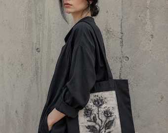 Hand Painted Eye Plant Tote Bag | Wearable Art Canvas Tote | Gothic Botanical Bag | Surreal Eye Flowers | Black Cotton Handmade Gift