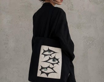 Hand Painted Eyes Tote Bag, Wearable Art Cotton Canvas Bag, Original Quilted Artwork, Black Minimalist Shoulder Tote, Handmade Gift